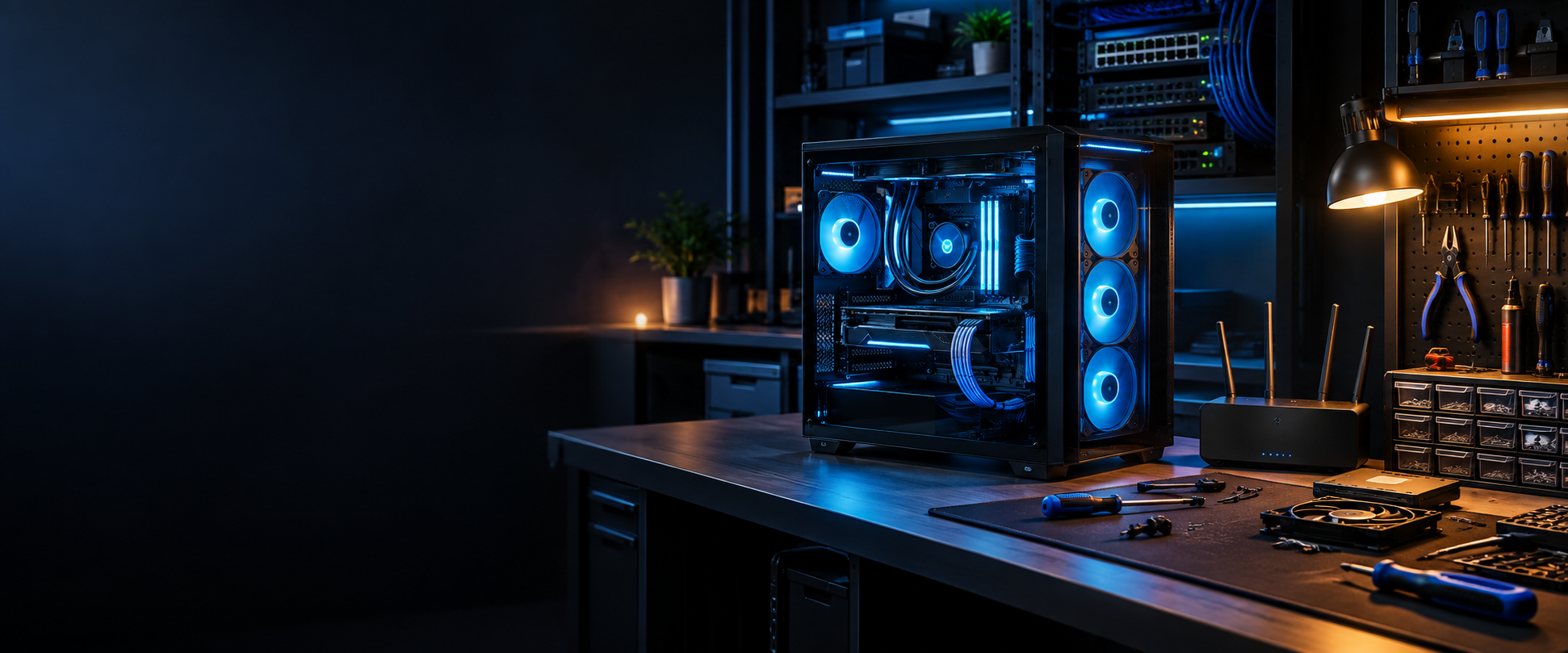 Custom gaming PC, network equipment, and repair tools in a modern workshop